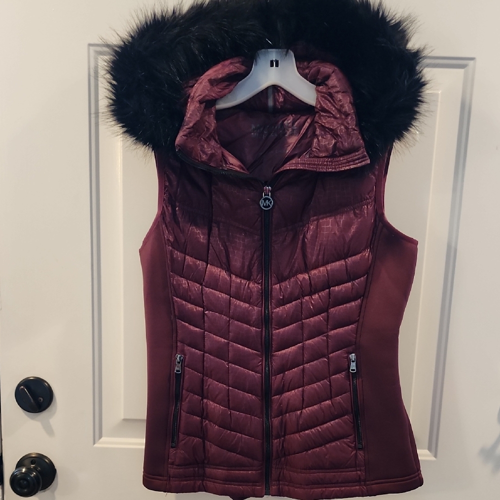 MICHAEL Michael Kors Burgundy Quilted Vest with Black Faux Fur